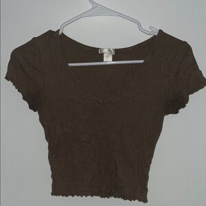 Olive Green V-Neck Ribbed Lettuce Trim Women's Crop Top